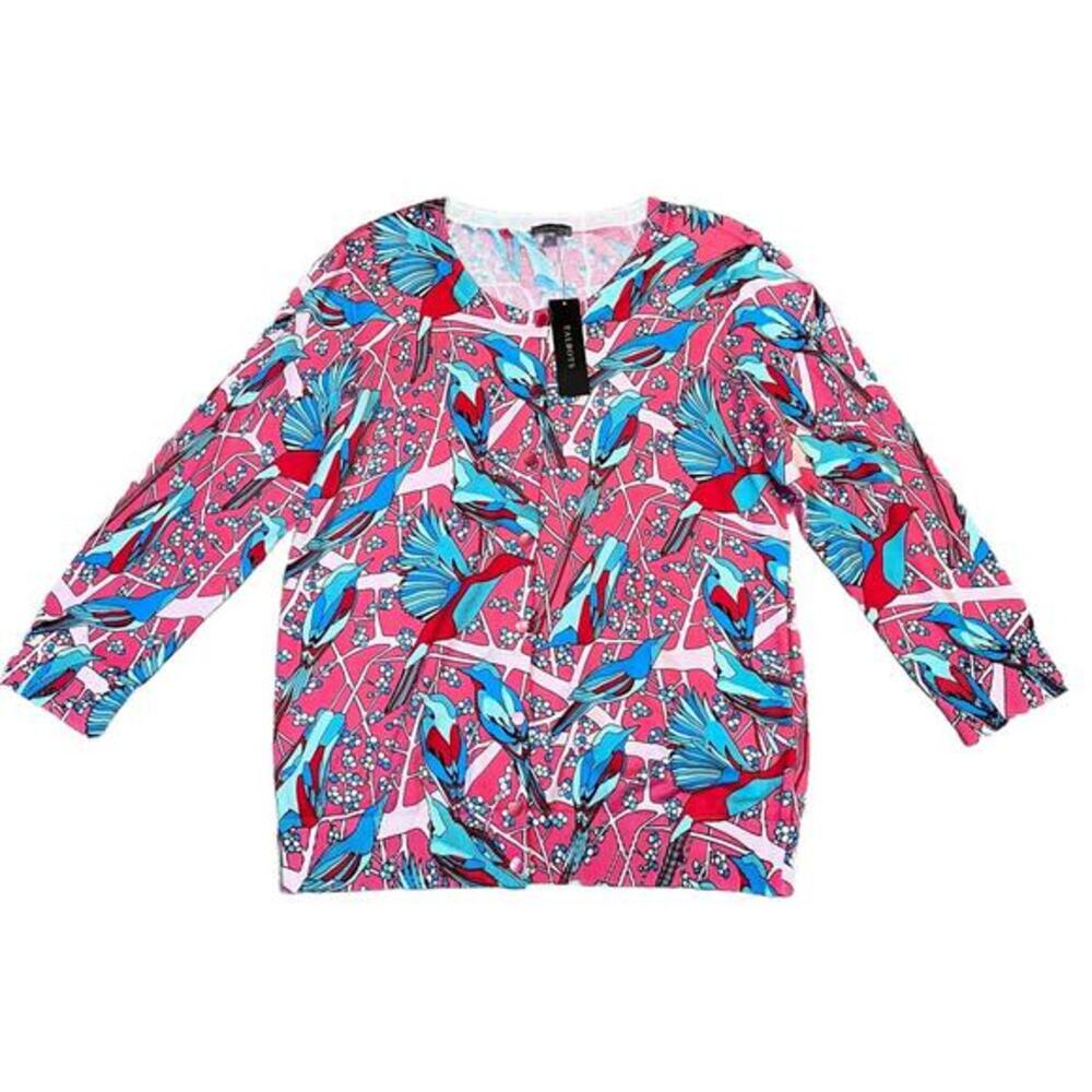 NWT: Talbots Pink Blue Bird Print Cotton Rayon Cardigan Sweater Size L (G289)‎
